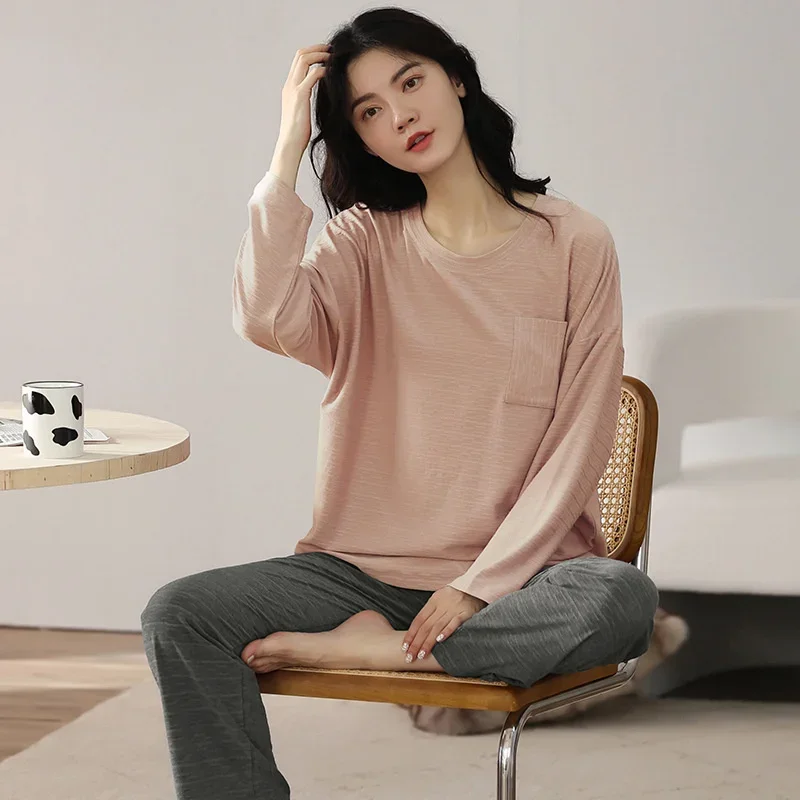 Women's Spring And Autumn Pure Cotton Size Large Pajamas Models Long-sleeved Home Service Women's Simple Loose Cozy Casual Suit