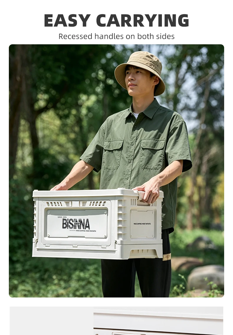 BISINNA Camping Box 30L/60L Large Capacity Folding Storage Box Car Trunk Wooden Lid Home Bedside Table for Outdoor Picnic Travel