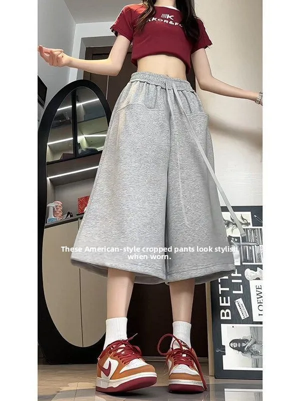 American Style Seven-Foot Sports Pants Women 2026 New Summer Loose Wide Leg Mid-Pants plus Size Flattering Knee-Length Shorts