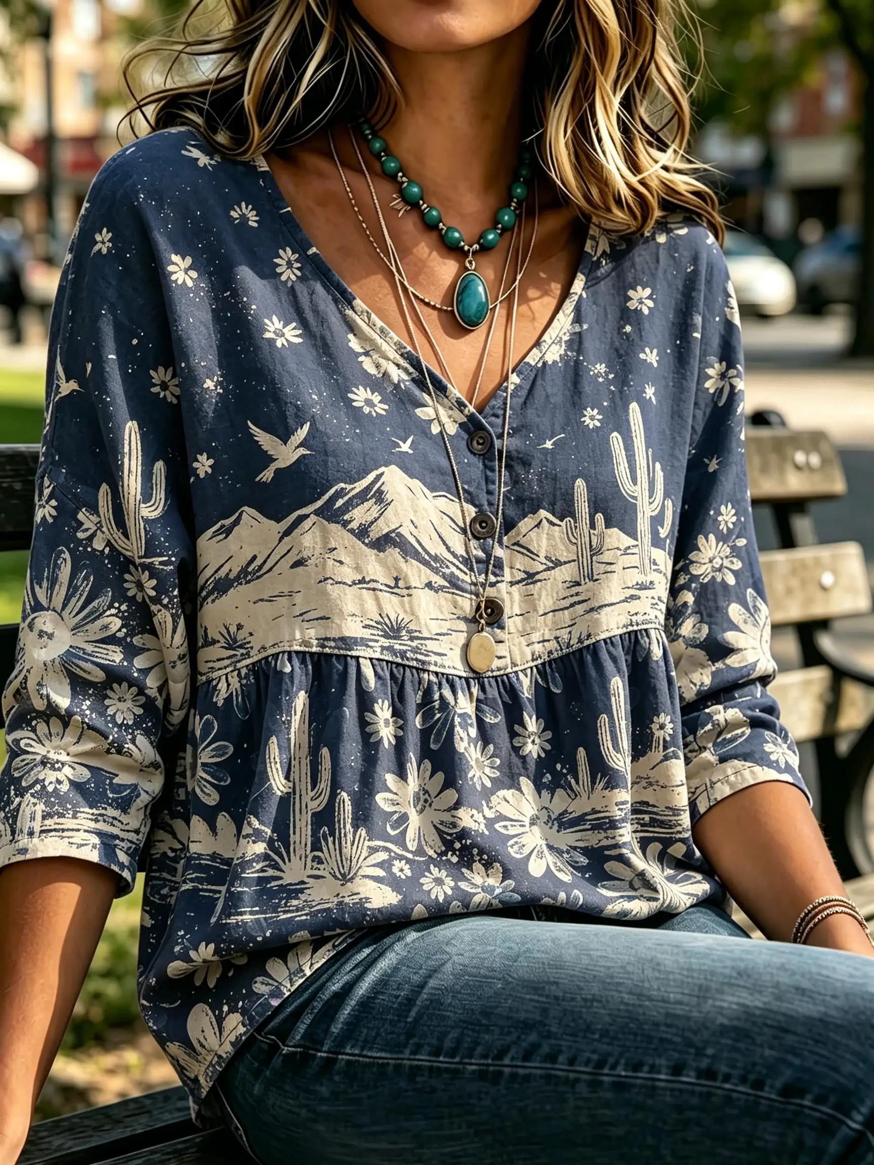 Women Night Desert Scenery Print V Neck Half Button 3/4 Sleeve Peplum Blouse Loose Babydoll Casual Daily Top
