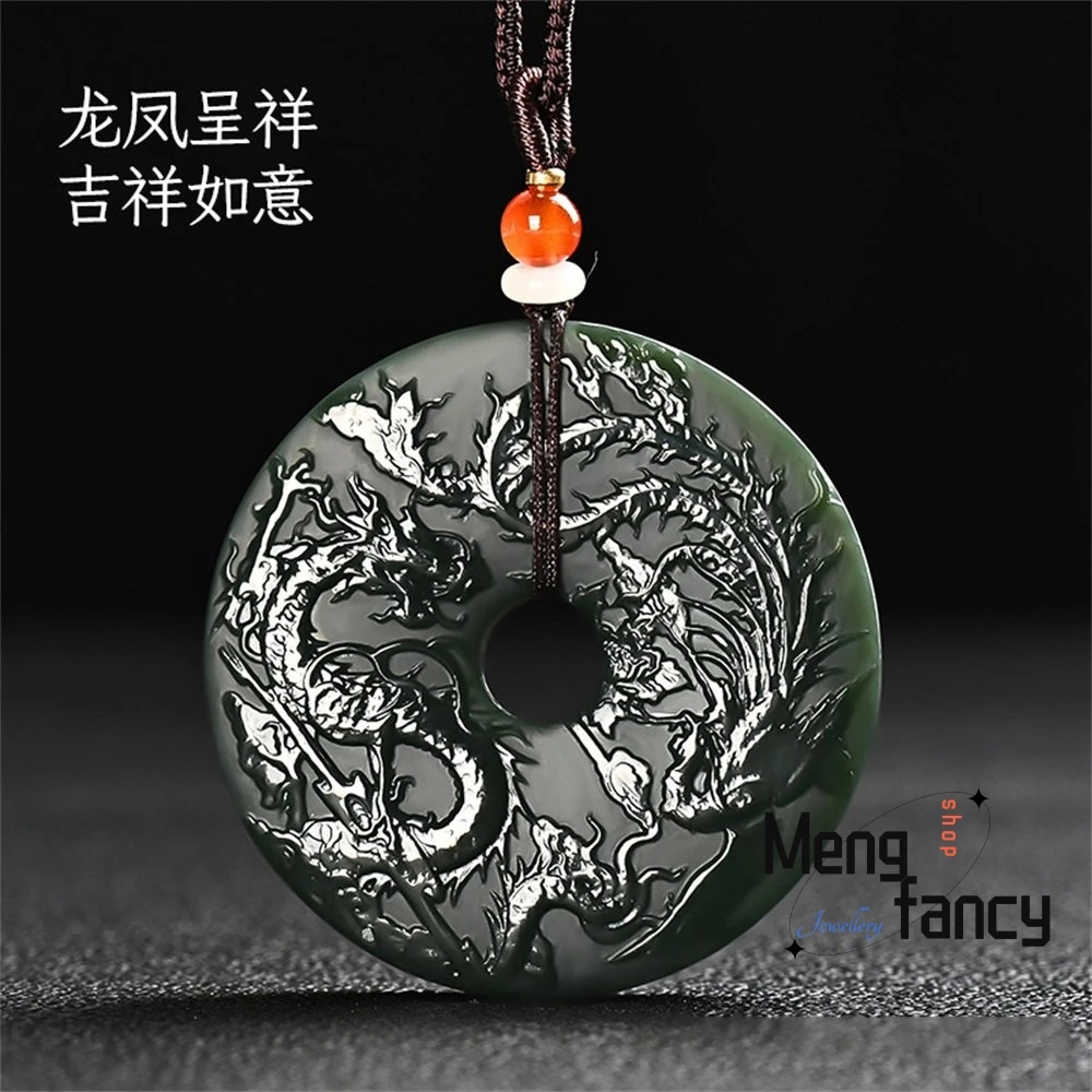 Natural Hetian Green Jade Fine Material Dragon Phoenix Auspicious Cloud Peace Pendant Tai Chi Eight Trigrams Exquisite Jewelry