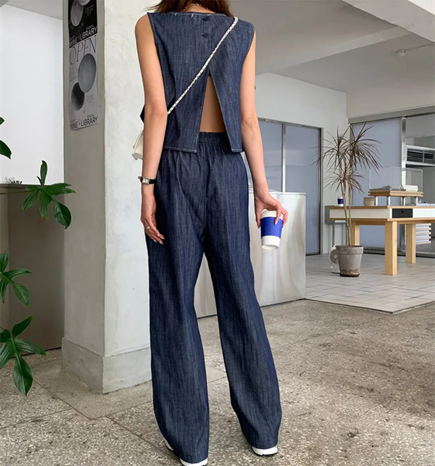 Chic Summer Denim Pants Two Piece Set Women Sexy Backless Split Sleeveless Vest Tops + High Elastic Waist Wide Leg Trousers Suit