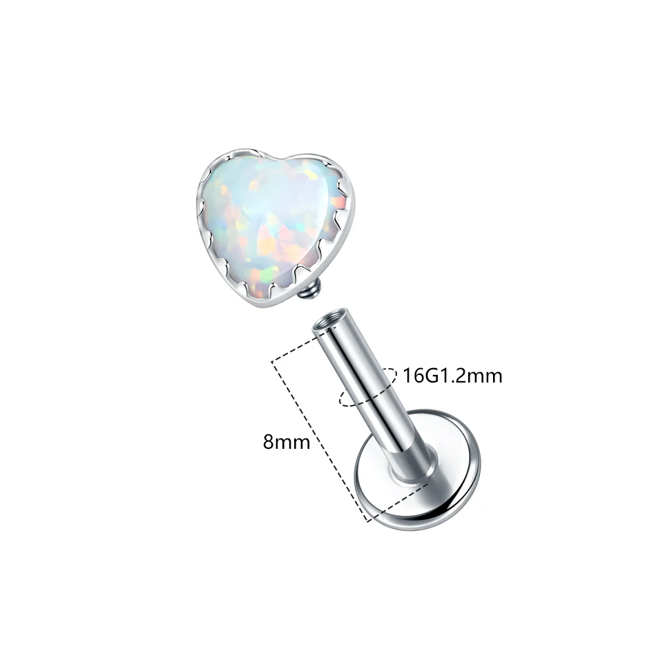 1/5PCS Titanium Internally Thread Labret Stud Rings Opal Heart Cartilage Tragus Helix Daith Lobe Earring Piercings Women Jewelry
