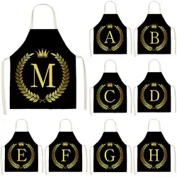 Black Golden Crown Letter Alphabet Print Kitchen Apron for Woman Man Cotton Linen Aprons for Cooking Home Cleaning Tools Tablier