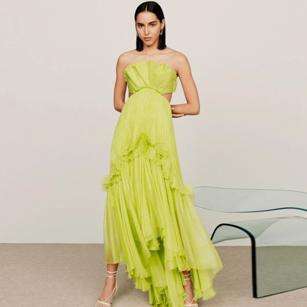 Vestido de noche de Organza verde brillante sin tirantes para mujer, ropa hasta el tobillo, pliegues con volantes, vestidos de graduación, espalda abierta, vestido de evento