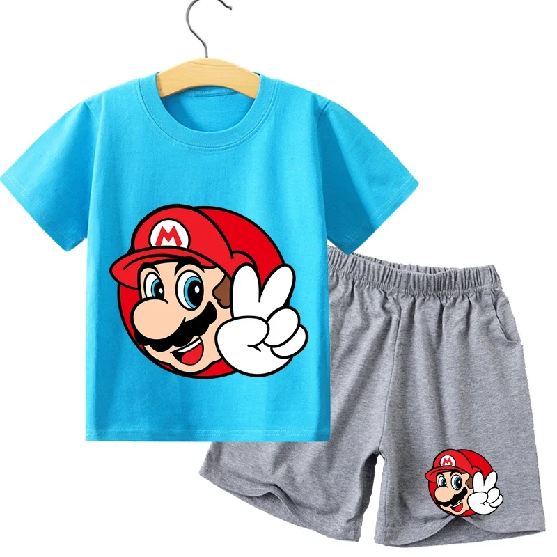 سوبر ماريوس الاطفال رياضية الزي الطفل تي شيرت السراويل الملابس مجموعة صبي فتاة الصيف الكرتون أنيمي القطن تيز 2 قطعة ملابس الطفل