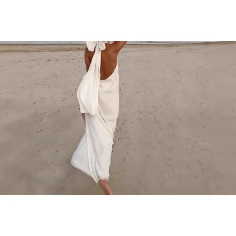 

Flower Satin Neck Retro White Crochet Women's Evening Dress Long Dress
