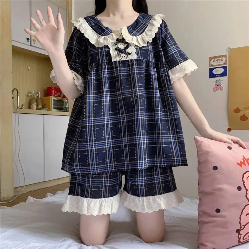 Spring and Autumn New Women\'s Pajamas Homewear Suit Female Court Style Doll Collar Japanese Girl Plaid Autumn and Winter Homewea