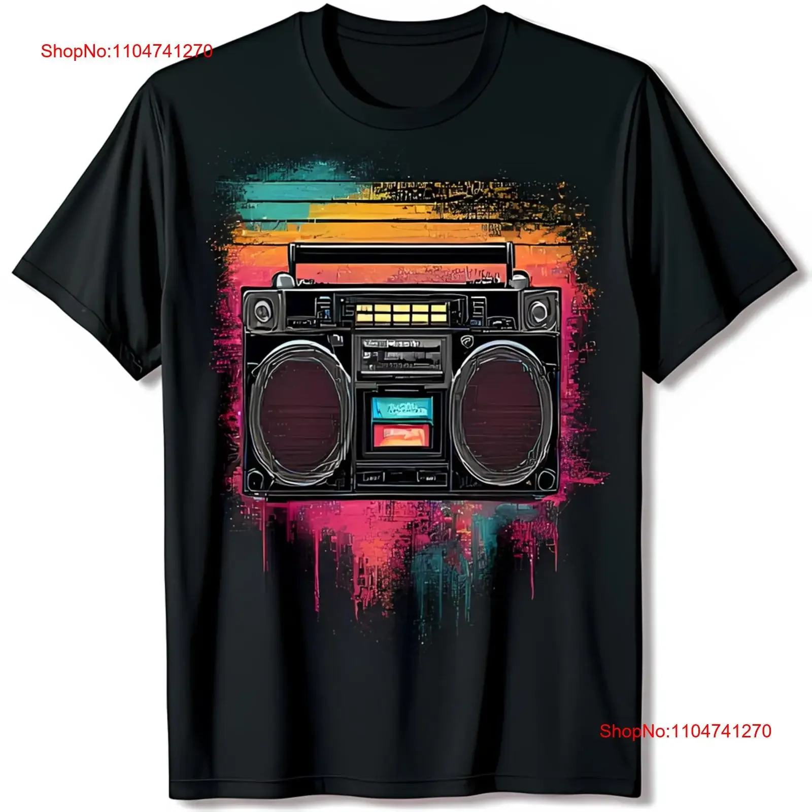 

Черная футболка в стиле ретро Boombox в винтажном стиле с красочным дизайном заката, винтажный потертый слегка топ для повседневной носки для дома