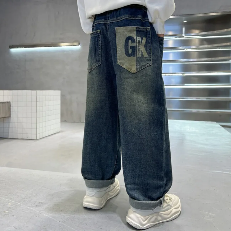 Teens Boys Jeans UNITIM Autumn Children Boys Letter Pockets Denim Pants Casual Elastic Waist 2-12Yrs Junior Boys Straight Pants