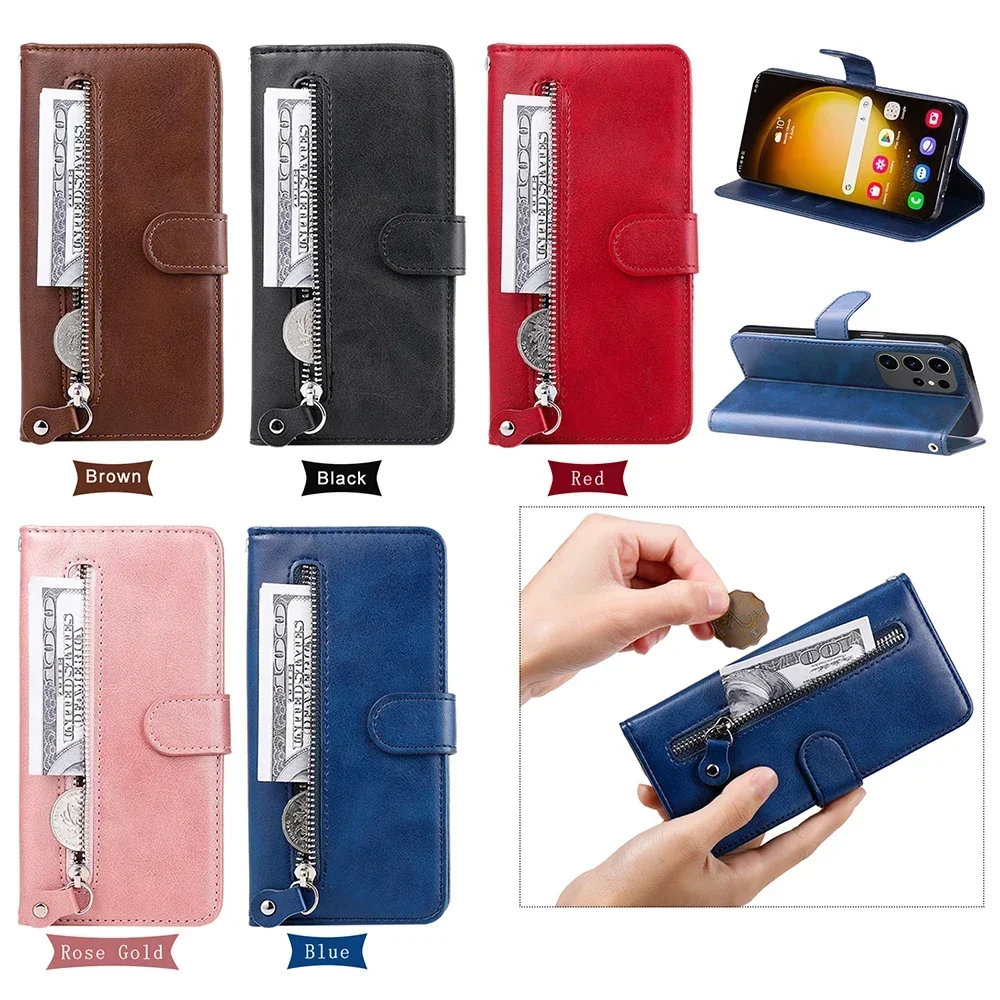 Leder Reiß verschluss Flip Case für Samsung Galaxy S24 Ultra S23 Fe A15 A05 A05S A14 A23 A24 A33 A34