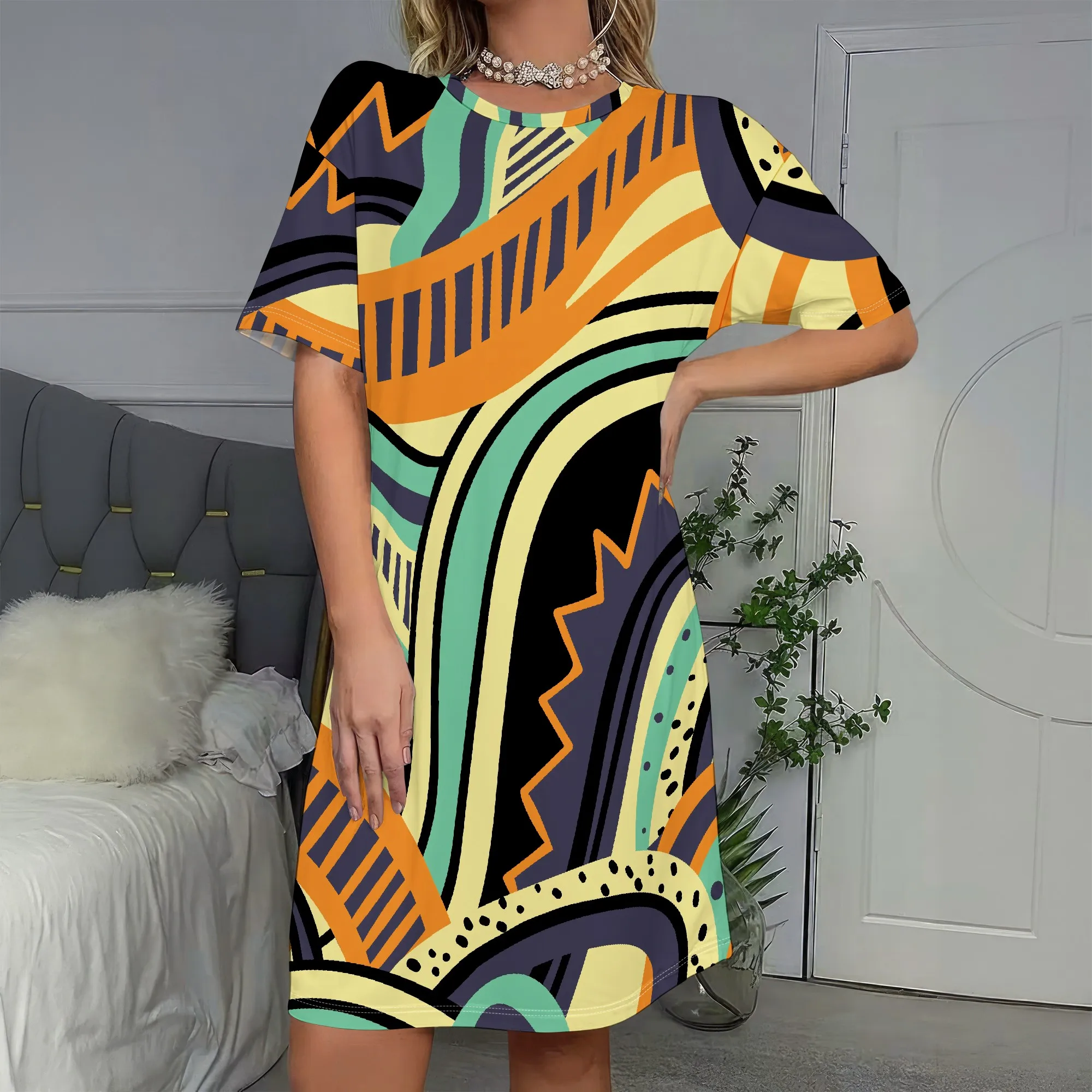 

Bold Print, Short Sleeve Dress, Abstract Art Pattern, Geometric Design, Vibrant Colors, Casual Wear, Women's Fashion, S-2XL