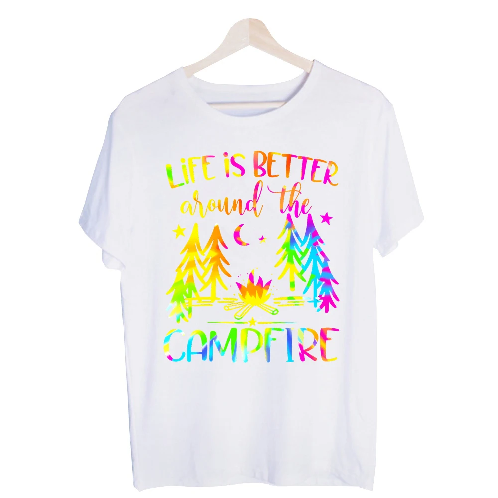 Men's Campfire and Trees Graphic Tee, Short Sleeve Crew Neck T-Shirt for Outdoor Camping and Casual Summer Wear