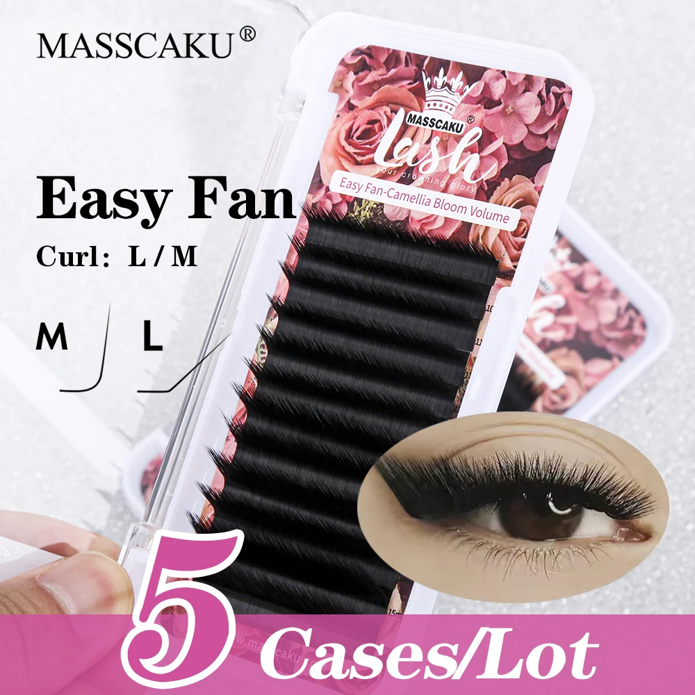 

MASSCAKU 5cases/lot Camellia Fast Blooming Eyelash Extensions Mix Length Ultra Matte Black Russian Volume Fans Pestanas Postizas