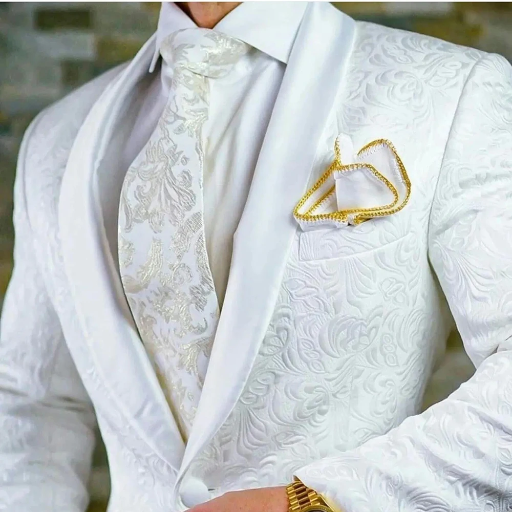 Luxury White Jacquard Men\'s Jacket High-quality Male Formal Occasions Wedding Party Banquet Groom Blazer Jacket 1 Piece Set Coat