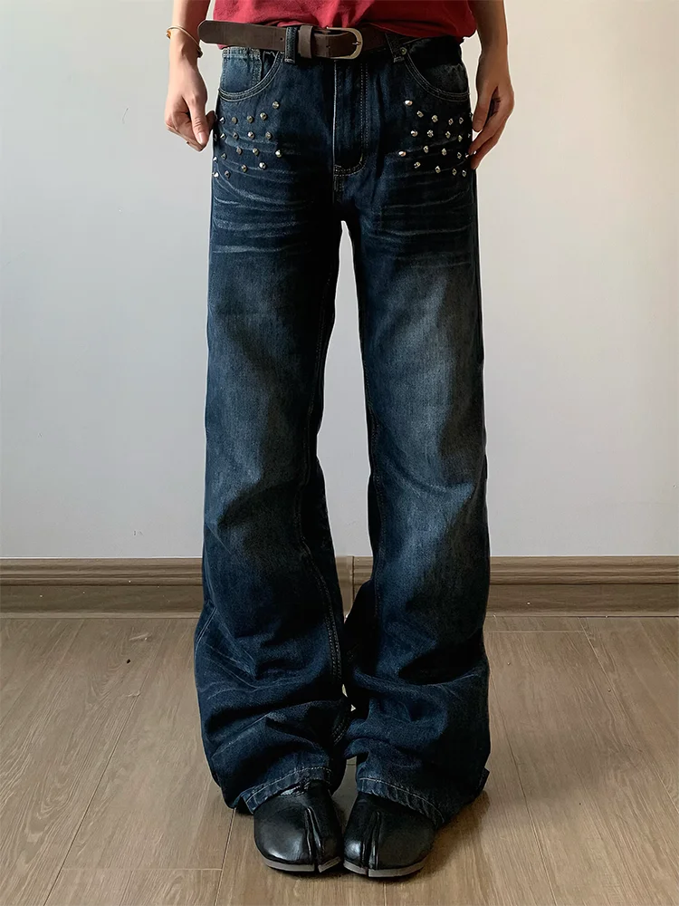 Large Size American Retro Rivet Design Flared Denim Jeans Women's New Washed Vintage Slimming Draping Floor-Length Pants