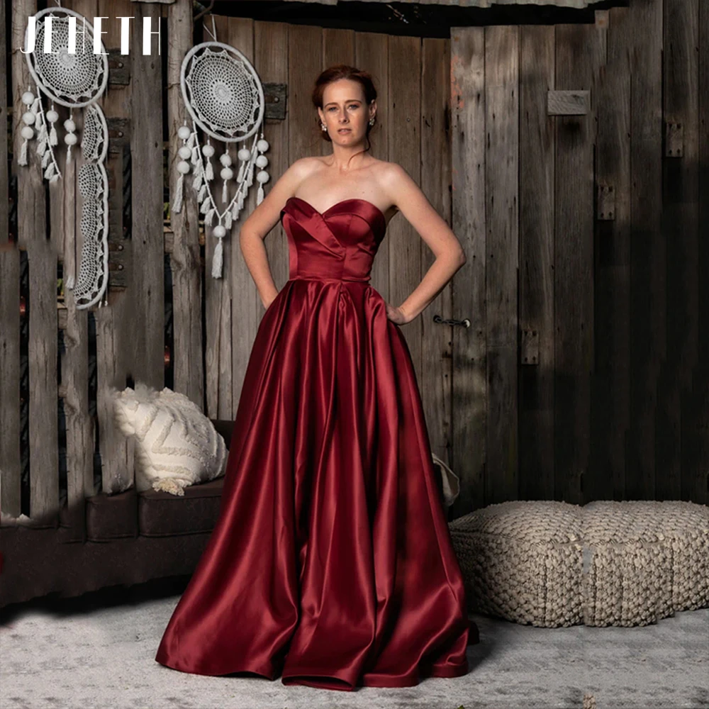 

JEHETH Burgundy Strapless Satin Prom Dress Women Elegant Sweetheart Side Split Backless A Line Evening Party Gown with Pockets