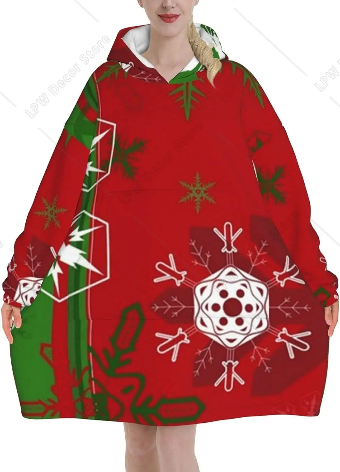 Red Green Christmas Snowflake Print Hooded Wearable Blanke Adult Flannel Hooded Blanket Sweatshirt, Soft Warm With Pockets