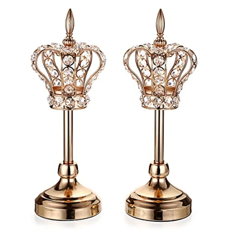 2PCS Crystal Crown Candlestick Holders Tea Light Holders Metal Tealight Candelabra Gold Crystal Votive Candlesticks Set Elegant