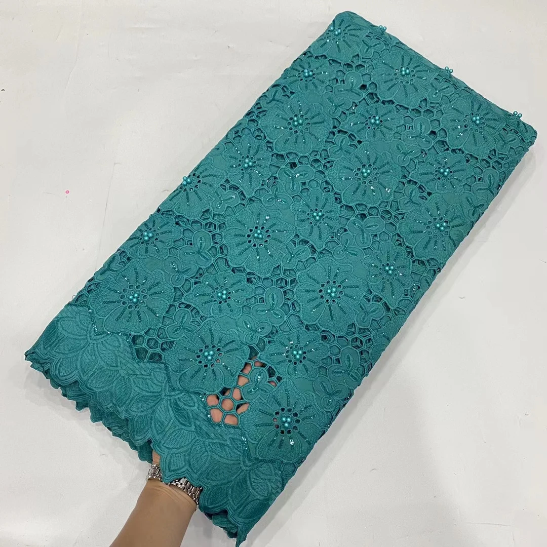 

2023 Latest Green African Sequins Beads Milk Silk Lace Fabric French Nigerian Mesh Water Soluble Lace Fabric For Party KDP23211
