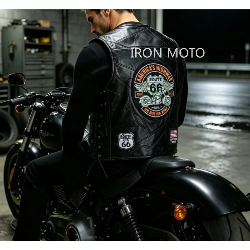 Chaleco de cuero para motociclistas, con el emblema de Route 66, sin mangas, ideal para conducir una moto, estilo punk y vintage, para clubes de motociclistas.