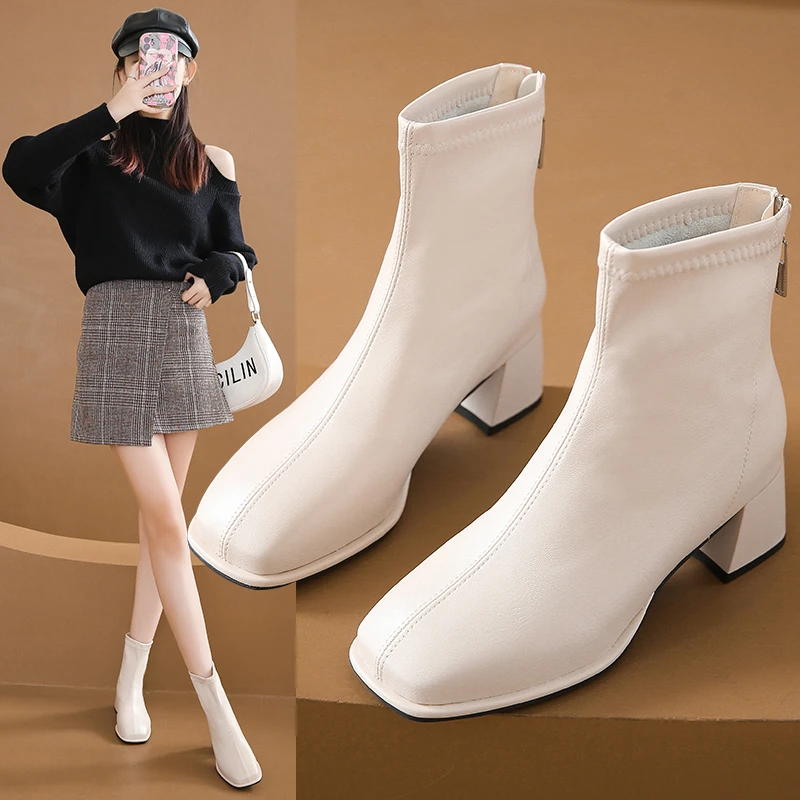 Beige 2024 Autumn/Winter New Style Square Head Coarse Heel High End Explosive Fashion Boots