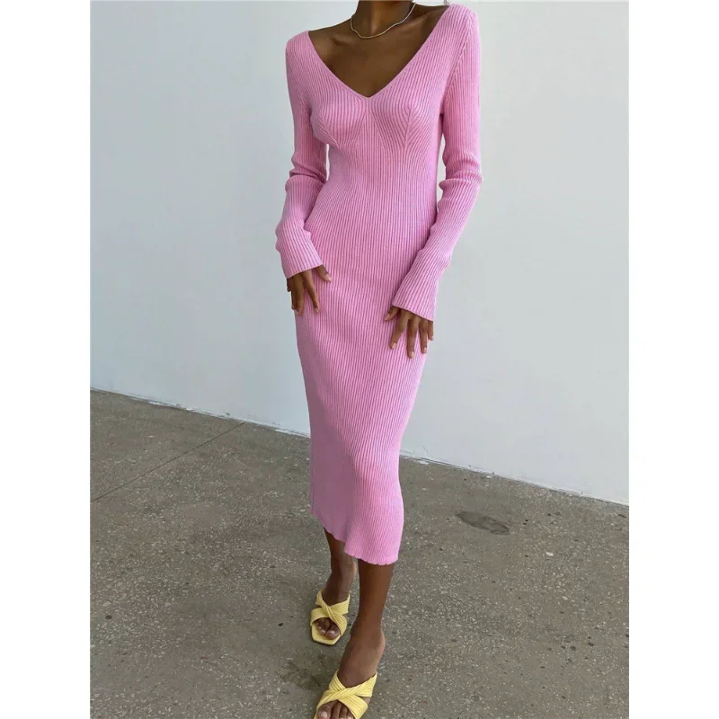 Herfst Winter Gebreide Rib Wrap Midi Kokerjurk Voor Vrouwen Casual Eenvoudige Stijl Lange Mouw V-hals Backless Bodycon Jurk Koreaanse Stijl