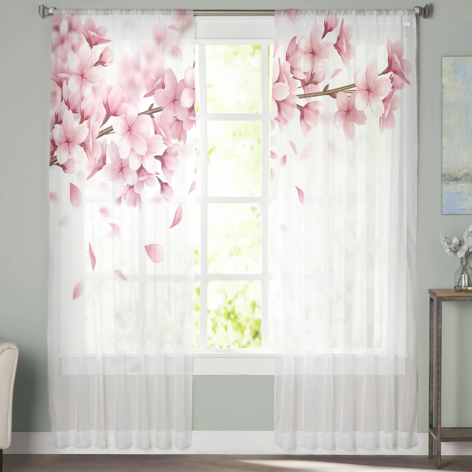 Pink Flower Cherry Blossoms White Tulle Curtains for Living Room Bedroom Decoration Chiffon Sheer Voile Kitchen Window Curtain