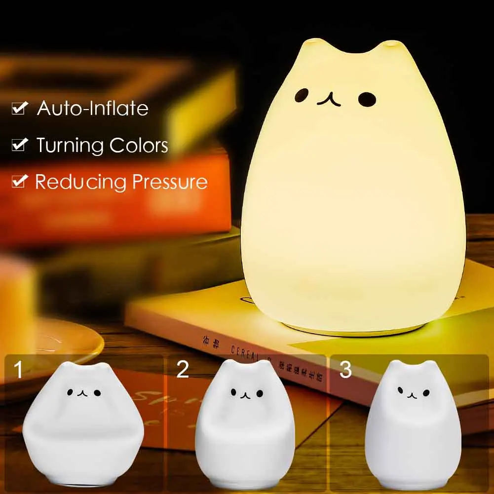 Children Night Light EECOO Cute Cat Lamp Soft Silicone Sensitive Tap Control Decompression  Children Night Light