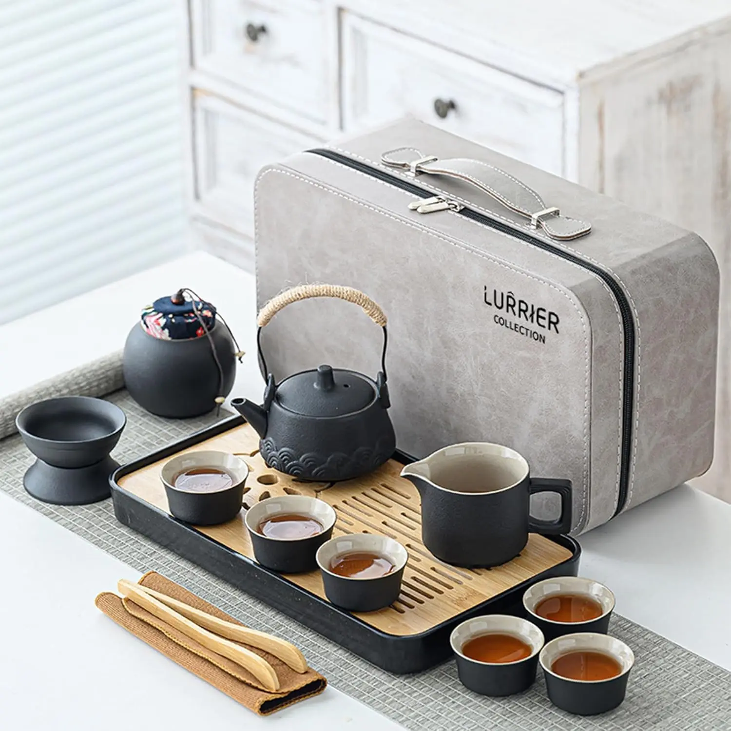 

Portable Ceramic Tea Set for Travel, Home & Office - 6-Piece with Teapot, Cups & Tray