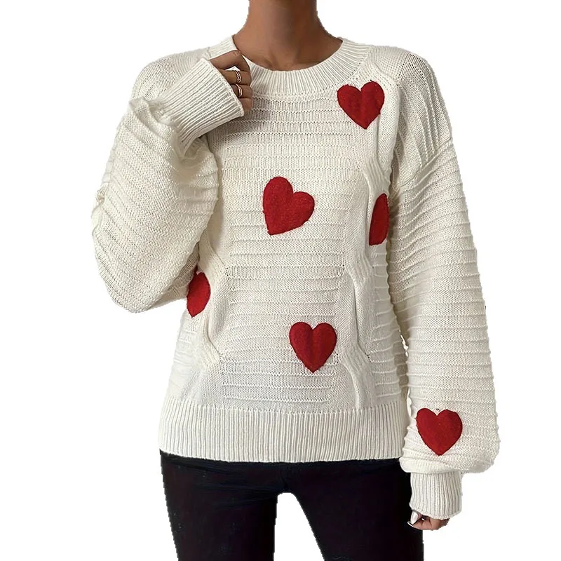 Herfst en winter nieuwe brede trui dames losse paar liefde ronde hals trui gebreide top met lange mouwen