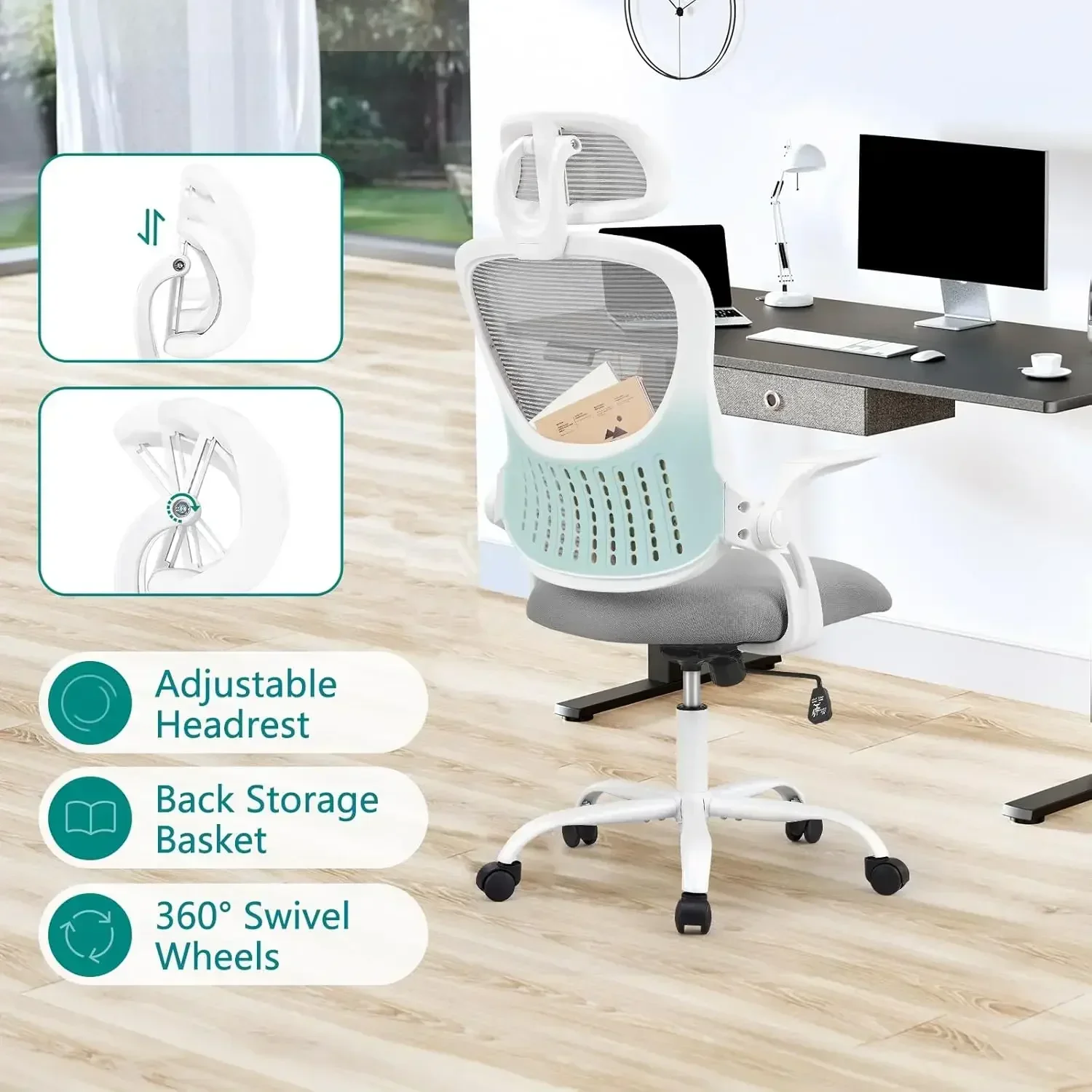 SMUG Office Computer Desk Chair, Ergonomic High-Back Mesh Rolling Work Task Chairs with Wheels and Adjustable Headrests