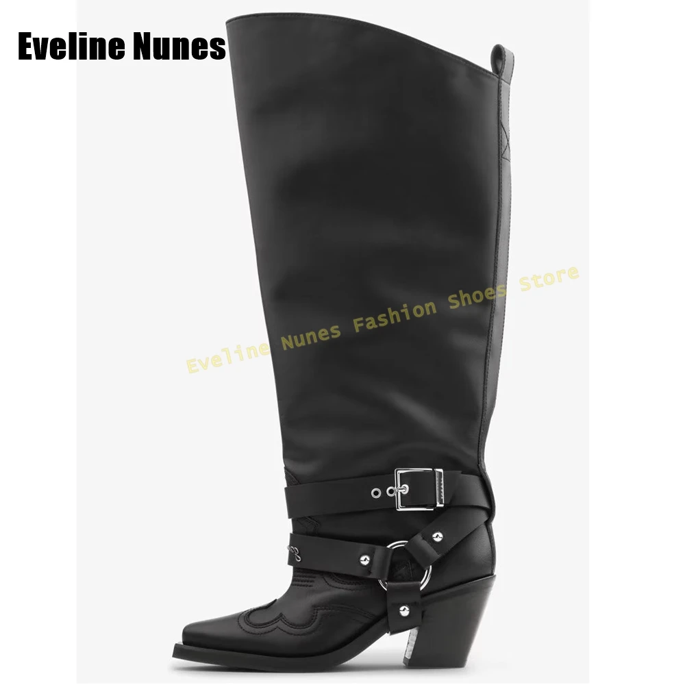 

Metal Buckle Strap Long Boots Pointed Toe Chunky Heels Fashion Pull On Women Knee High Boots 2025 Street Style Western Boots