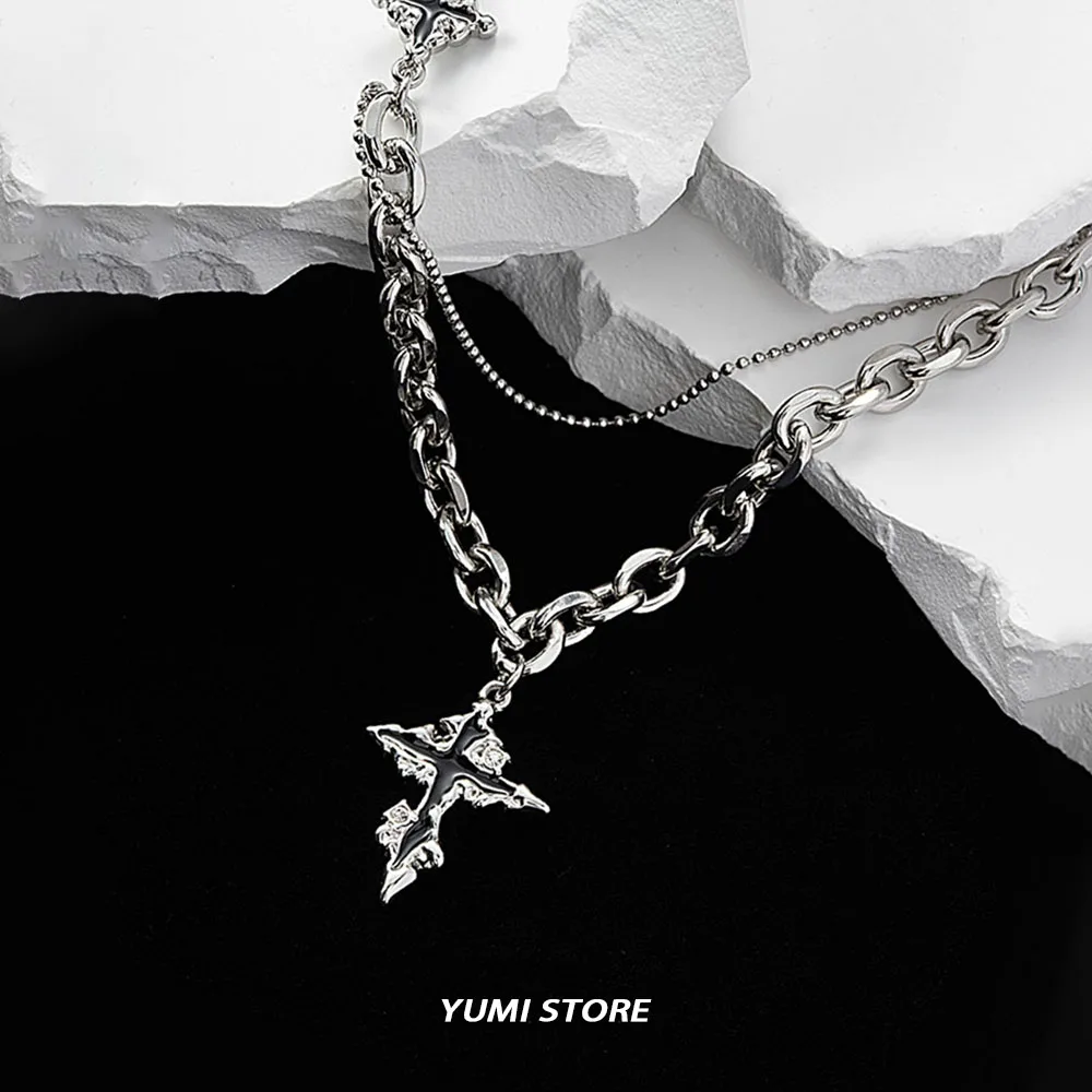 Punk Black Flame Cross Necklace For Men Women Trend Titanium Steel Chain Sweater Pendant Hip Hop Jewelry Cool Kpop Accessories