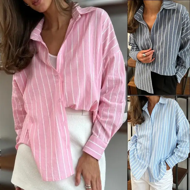 

Women's Striped Shirt Long Sweater Cardigan 2025 Fashionable Casual Style Short Sleeve Deformable Regular Thickness