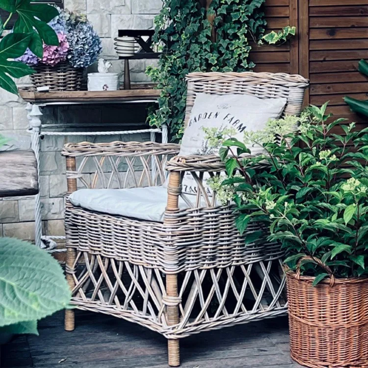 Natural B & B Balcony Courtyard Lazy Sofa Chair, Wabi Sabi Wind Retro Rattan Chair with Cushion