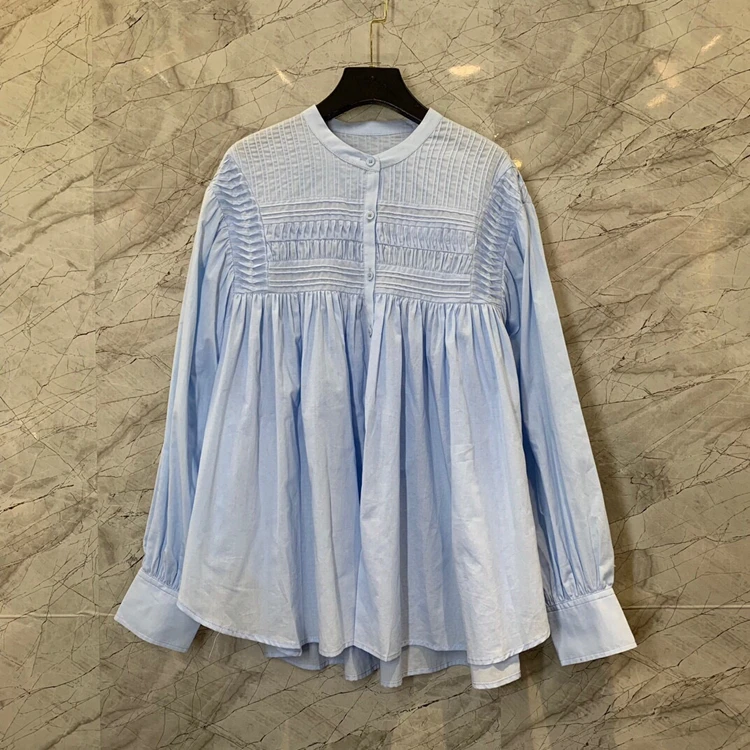 100%Cotton Shirts 2023 Spring Summer Style Women Pleated Patchwork Long Sleeve Casual White Blue Shirts Ladies Loose Blouses