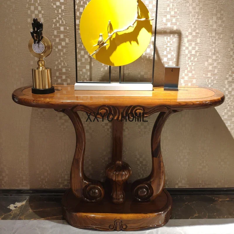 

European style solid wood porch table villa Ujin wood porch table new classical luxury carved large decorative cabinet
