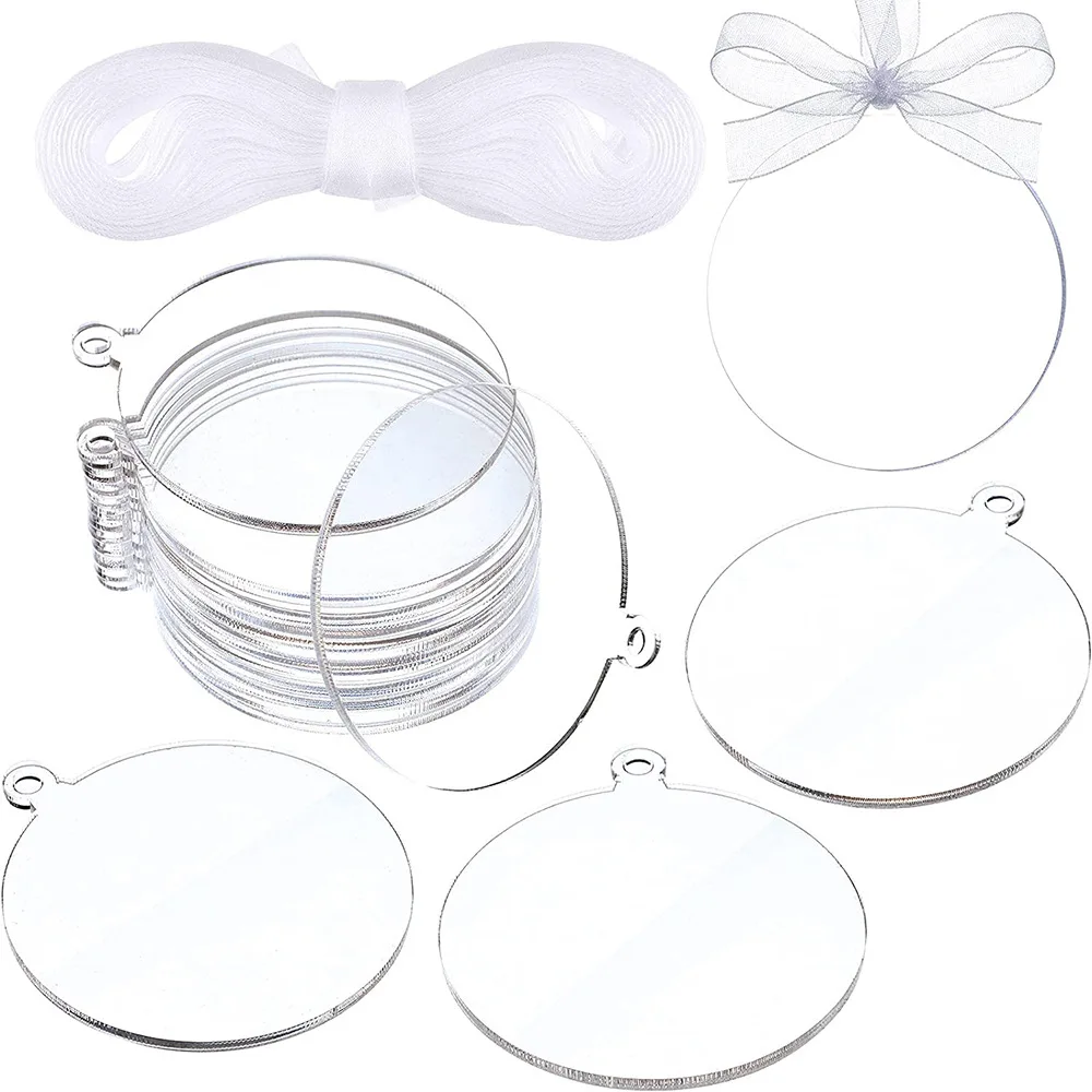 Clear Acrylic Round Disc Blank Acrylic Circles Clear Disc Ornaments Blanks with Ribbon  DIY Holiday Tags Craft Projects