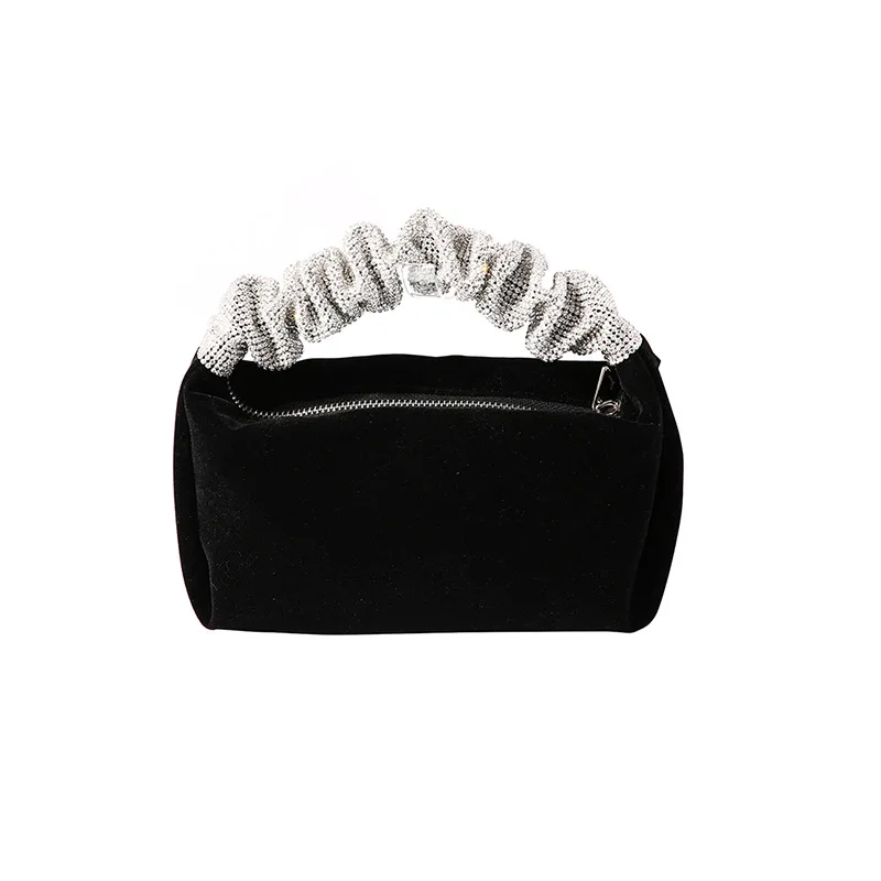 Handmade Black Velvet Handbag Women Evening Clutches Bag Fine Luxury Rhinestones Handle Handbag Purses Ladies Party Clutch