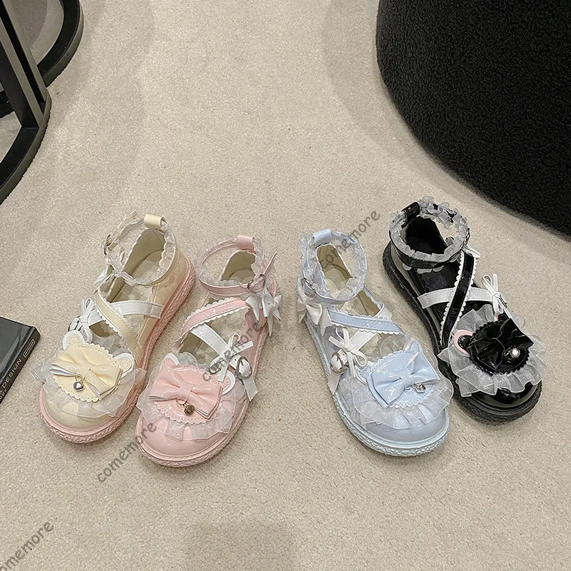 

Comemore женские туфли Мэри Джейн в стиле Лолиты на плоской подошве из искусственной кожи, вечерние туфли для косплея с милым бантом, женские лоферы на плоской подошве с пряжкой на ремне