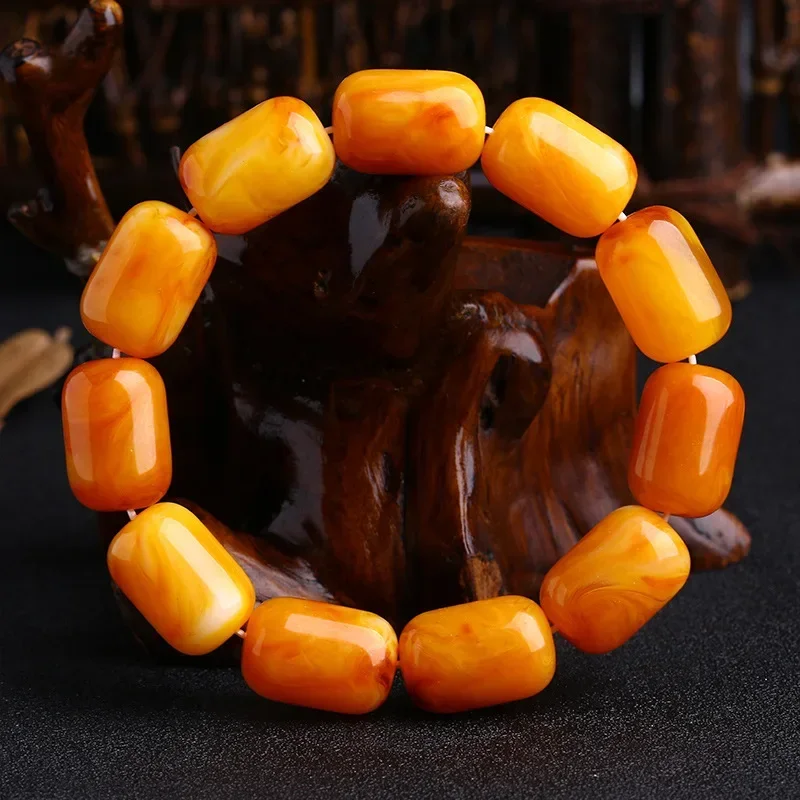 

Beeswax Raw Mineral Amber Old Beeswax Barrel Bead Bracelet Original Stone Men Chicken Oil Yellow Round Beads Buddha Bracelet