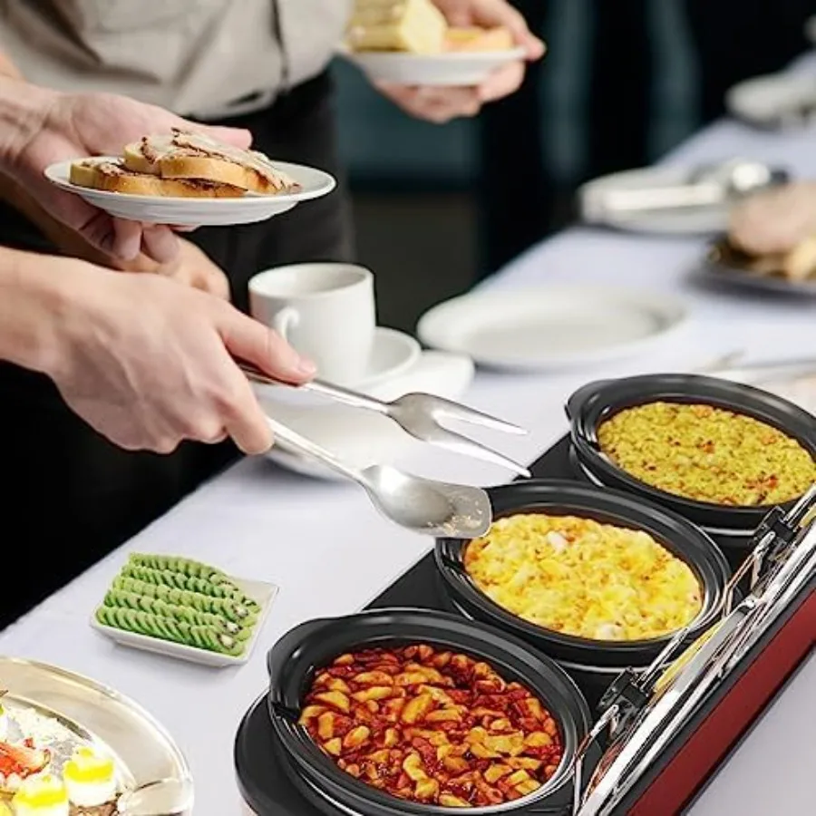 Triple Slow Cooker Buffet Server with 3 Removable Ceramic Pots Stainless Steel Red 3 Adjustable Temp Settings 3 Metal Lid Rests