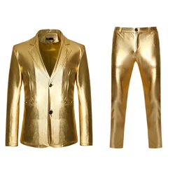 Traje de esmoquin de 2 piezas dorado brillante para hombre, Blazer y pantalones, ropa de cantante de escenario para fiesta, DJ, Club, moda masculina