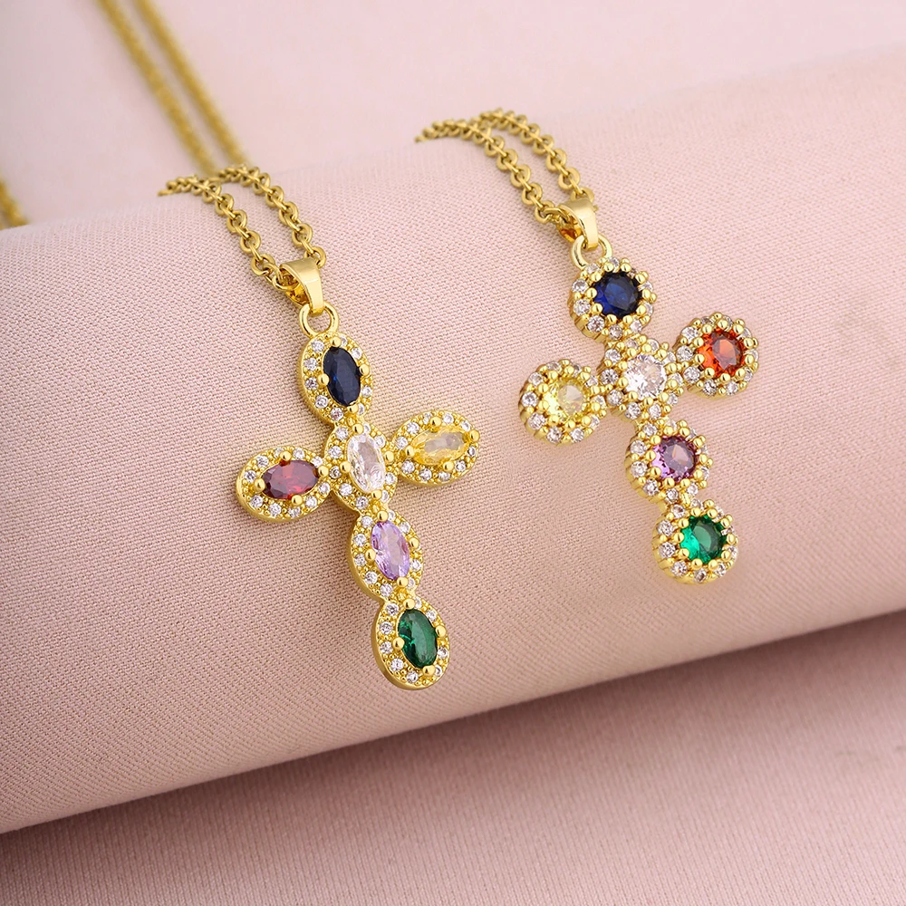Fashion Holy Jesus Cross Pendant Necklace Stainless Steel Chain Women Girl Cubic Zirconia Christianity Jewelry Gift