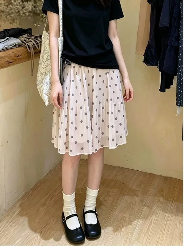 Summer New Gentle Texture Pleated Polka Dot Half Skirt Women's A-Line Midi Skirt High Waist Gauze Fabric Soft Atmosphere