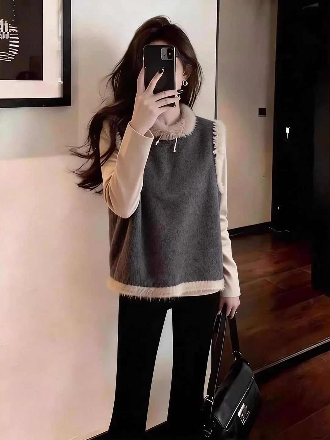 

Весенний женский модный вязаный свитер-жилет 2026 года с круглым вырезом, свободного кроя, с длинными рукавами, теплый, в стиле пэчворк, с меховыми вставками, разноцветный