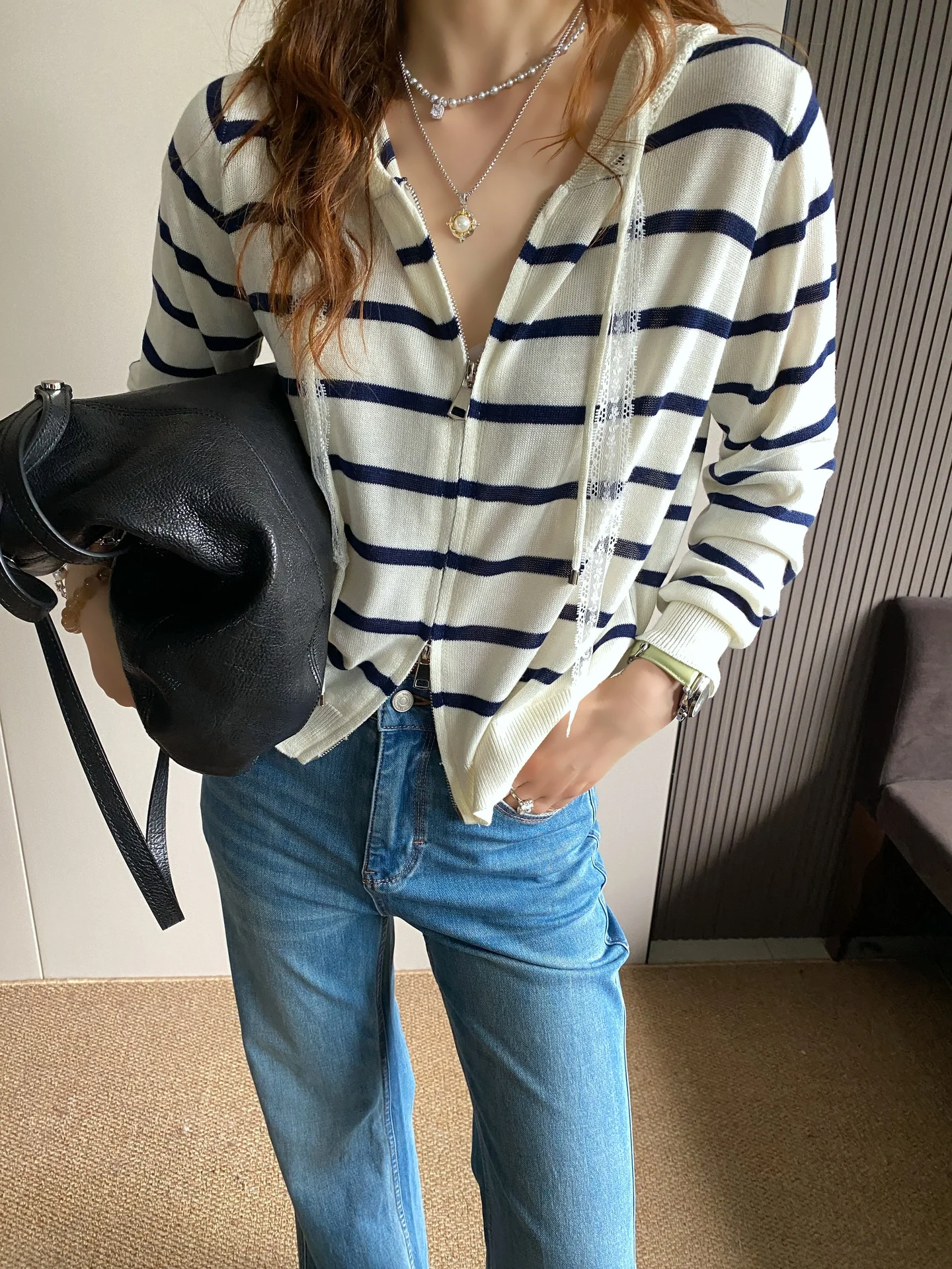 

Женский вязаный кардиган Ele с кружевными вставками, свободный свитер на двойной молнии, весна 2026, повседневный топ, дышащий, приятный для кожи