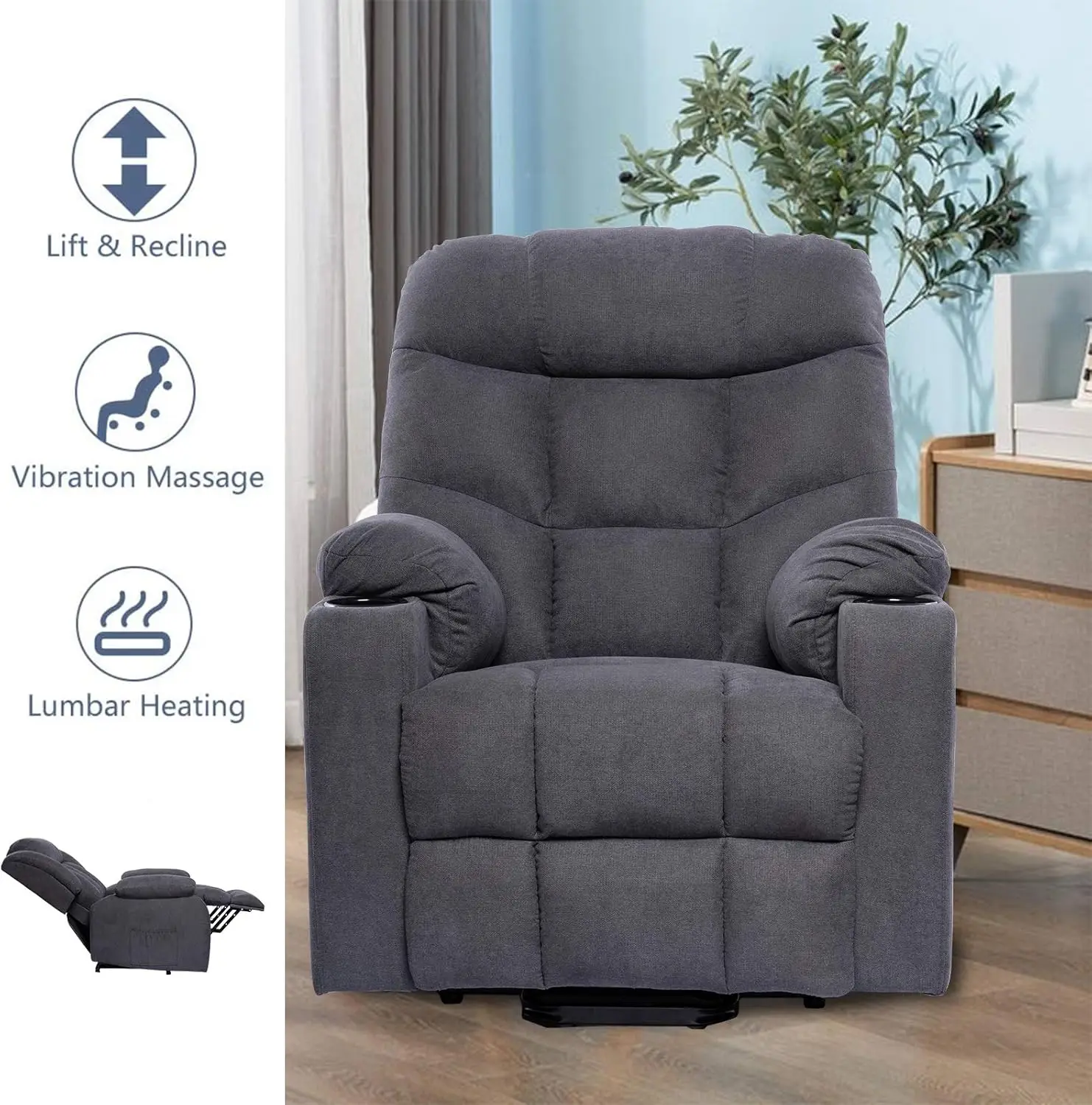 Living Room Power Recliner Chair for Elderly Heated Ergonomic Lounge Fabric Vibratory Chair with Cup Holders