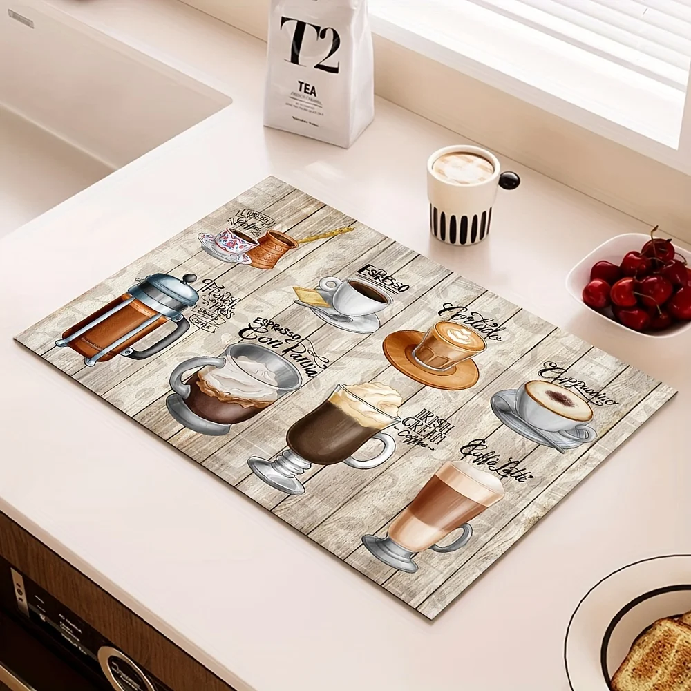 Coffee Tea Doodle Kitchen Counter Pad Fast Drying Mat Dustproof Non Slip Placemat Pad Absorbing Countertop Protection Cushion